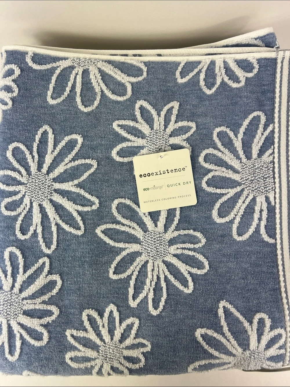 Ecoexistence Bath Towels Blue White Floral Daisy Quick-Dry Soft Cotton 2 Pc NEW